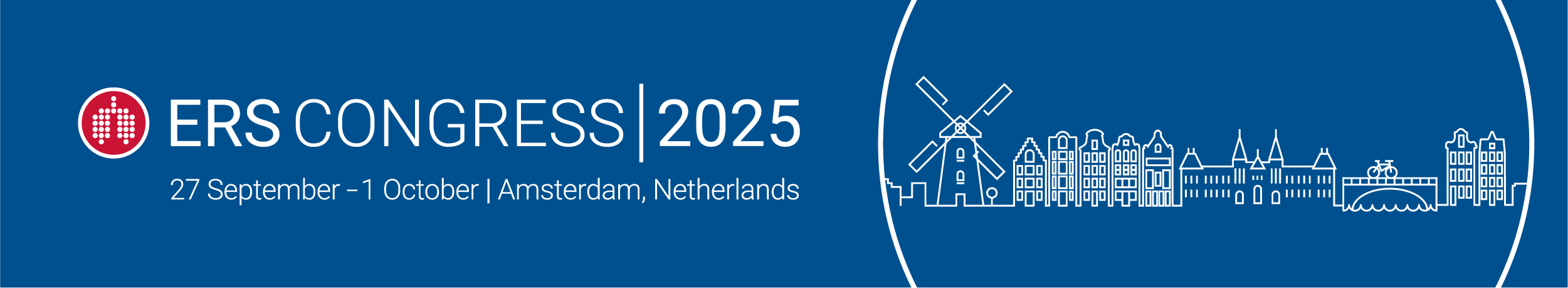 Text banner for the ERS Congress 2025, featuring event dates and location, with an illustrated Amsterdam skyline and a windmill.